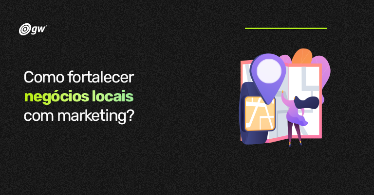 Ilustração mostrando um pin de localização, uma pessoa segurando um mapa