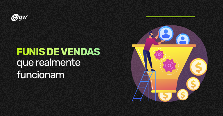 Ilustração mostrando um homem em uma escada, colocando coisas dentro de um funil