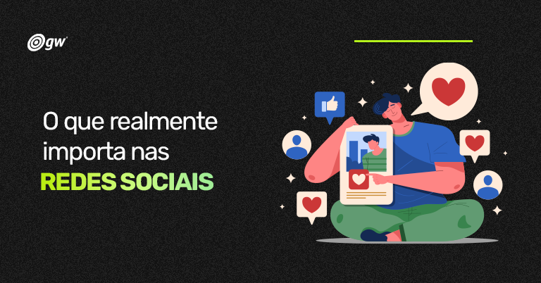 Ilustração mostrando uma pessoa abrançando uma tela de celular que imita o feed de uma rede social